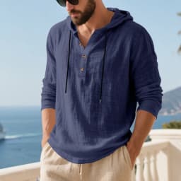 Spring Summer Linen Hooded Men's Long Sleeve T-Shirt Breathable Beach Henley Base T-Shirt for Men