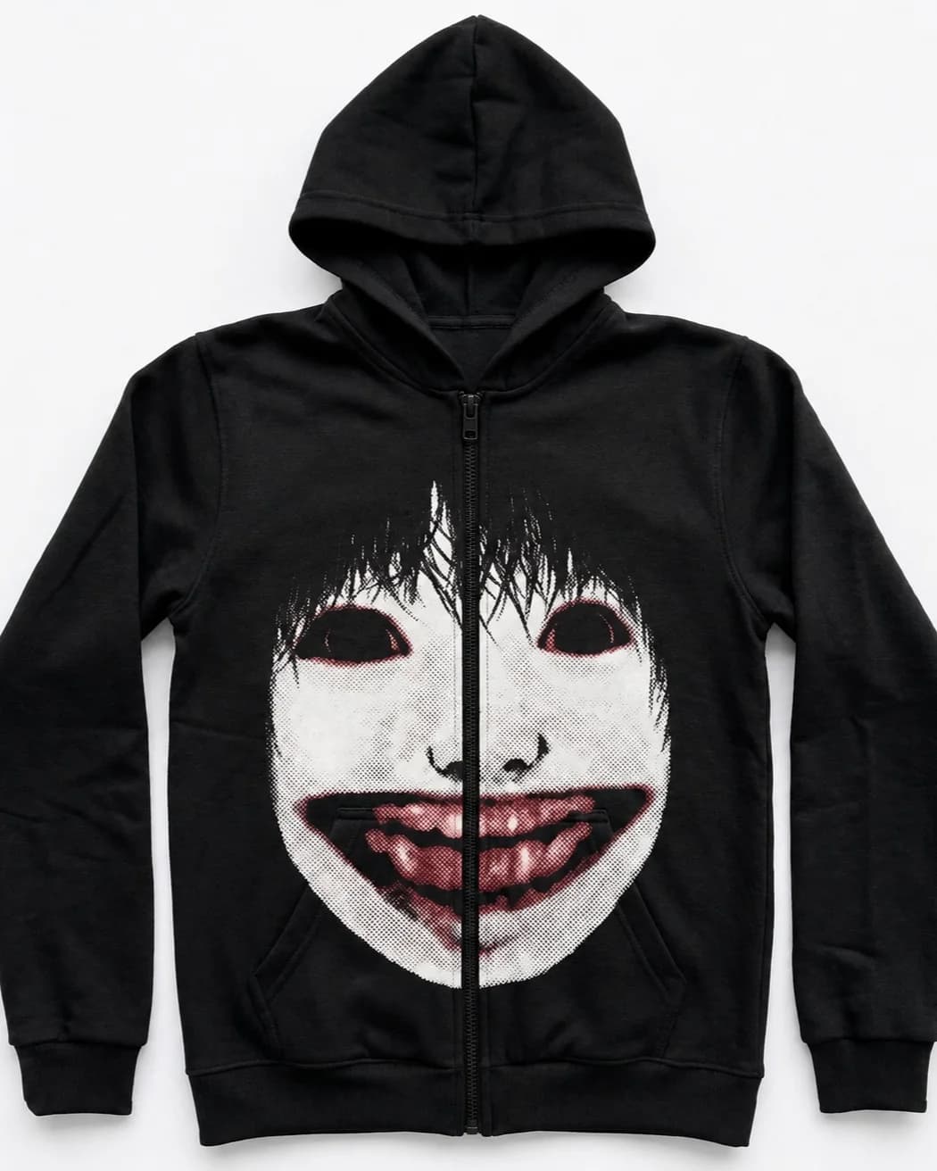 Men Gothic Horror Print Zip Up Hoodie Dark Anime Face Graphic Sweatshirt Y2K Harajuku Streetwear Outerwear Casual Black Tops