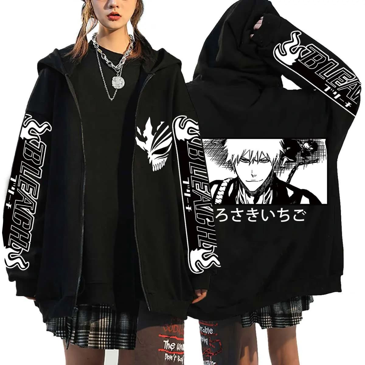 Kurosaki Ichigo Graphic Printed Hooded Anime Bleach Streetwear Men Women Zipper Hoodies Casual Sweatshirt Harajuku Zip Up Jacket