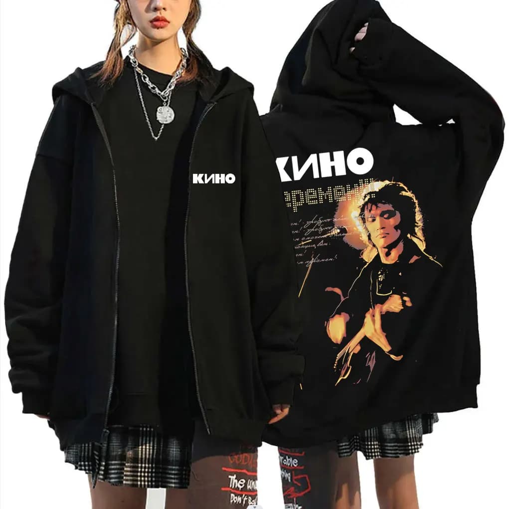 Legendary Russia Rock Band Kino Viktor Tsoi Face Graphic Zipper Hoodie Men Women Oversized Vintage Zip Up Jacket Male Streetwear