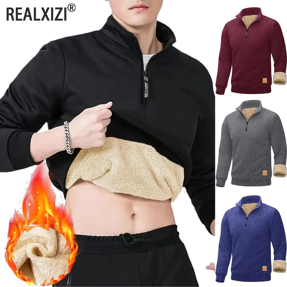 Winter Men's Fleece Lined Stand Collar Pullovers Solid Thickened Half Zipper Long Sleeve Sweater Men Casual Warm Sweatshirts Top