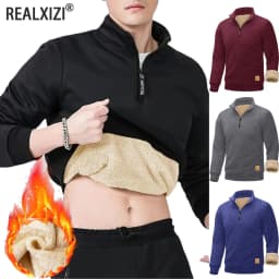 Winter Men's Fleece Lined Stand Collar Pullovers Solid Thickened Half Zipper Long Sleeve Sweater Men Casual Warm Sweatshirts Top