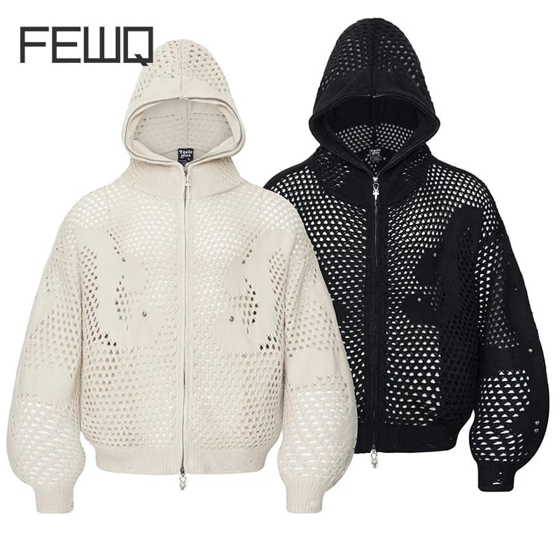 FEWQ American Style Dark Hooded Zipper Men's Knitted Sweater Casual Hook Flower Hollow Sweater 2026 Autumn New 24W3799