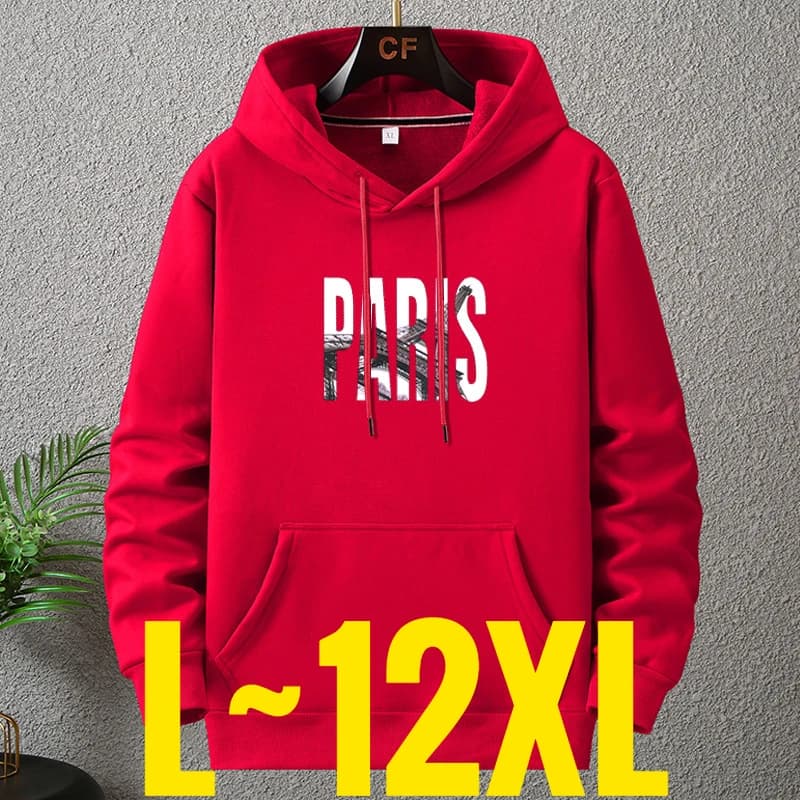 New Big Size Hoodie Men Winter Fleece Sherpa Lined Warm Hooded Shirt Male Cotton Print Letter Paris Plus Fat Extra Large Clothes