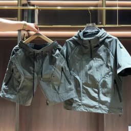 Summer New Casual Sports Set Men's Trendy Splicing Loose Quick Dry Workwear Hoodie Short Sleeve Shorts Two Piece Set