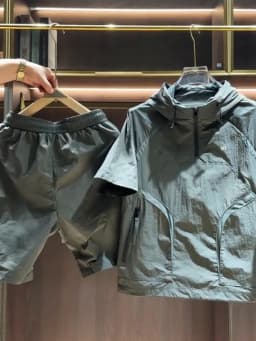 Summer New Casual Sports Set Men's Trendy Splicing Loose Quick Dry Workwear Hoodie Short Sleeve Shorts Two Piece Set