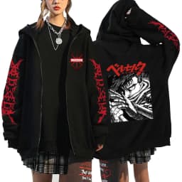 Harajuku Anime Berserk Guts Graphic Print Hooded Men Women Manga Zipper Hoodies Vintage Sweatshirt Unisex Zip Up Jacket