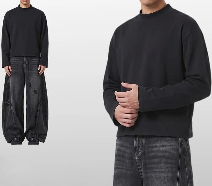 Heavy Autumn and Winter Solid Color Sweater Men's Hem Rough Edge Retro Semi-turtleneck American Pullover Sweater