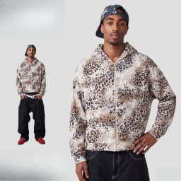2026 Autumn New American Leopard Print Zip Up Hoodie for Men Y2K Retro Hip-hop High Street Men's Hooded Jacket Streetwear