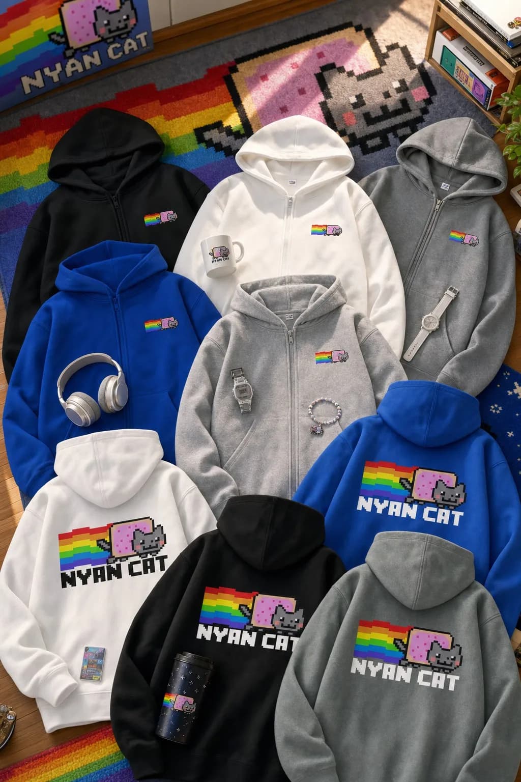 Heavy Pixel Rainbow Cat Zip Up Hoodie Black White Blue Grey Men Women Streetwear Casual Fashion Sweatshirt Tops Y2K