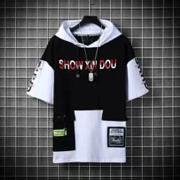 Loose Fit Men's Hoodie Short Sleeve T-Shirt Color Block Design Casual Streetwear Hip Hop Style Spring Summer Fashion Top