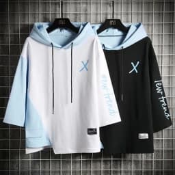 Loose Fit Men's Hoodie Short Sleeve T-Shirt Color Block Design Casual Streetwear Hip Hop Style Spring Summer Fashion Top