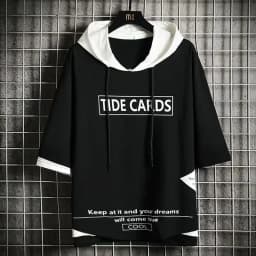 Loose Fit Men's Hoodie Short Sleeve T-Shirt Color Block Design Casual Streetwear Hip Hop Style Spring Summer Fashion Top