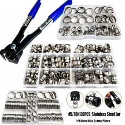 304 Stainless Steel Single Ear Stepless Hose Clamps Assortment Kit Water Pipe Sealing Clips with 1PC Professional Clamp Pliers