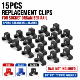 15Pack ABS Plastic Socket Organizer Rail Replacement Clips, 1/2 3/8 1/4 Drive Spring Loaded Ball Bearing Socket Holder Tool Rack