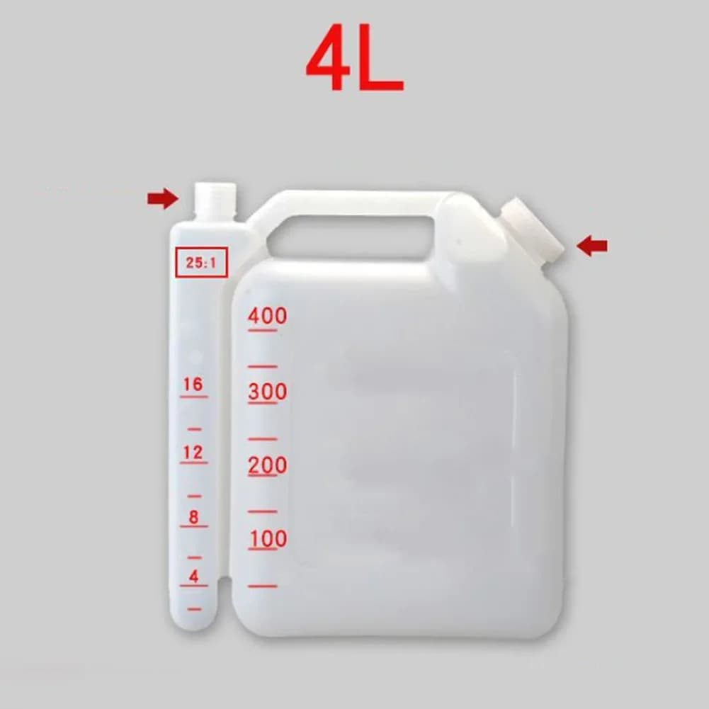 1.5L and 4L Oil Mixing Canister for Chainsaws Lawn Mowers Trimmers with Easy Pour Spout and 25 to 1 40 to 1 50 to 1 Markings