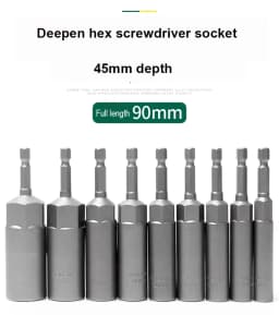 8mm-19mm Impact Socket Adapter 90mm Length Deepen Power Nut Driver Drill Bit Set for Power Tools 6.35Mm Hex Shank Quick Adapter