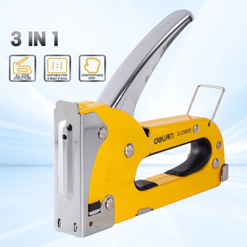 Deli 3 in 1 Stapler Nail Gun Staple Heavy Duty Furniture Tool for Wood Stainless Steel Metal Carpentry Hand Tool for Home DIY