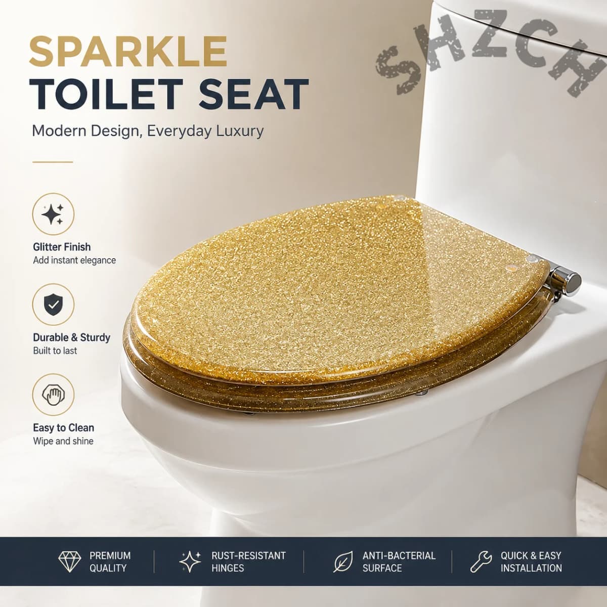 Premium Golden Resin Toilet Seat Cover with Soft-Close Stainless Steel Hinges – Universal Fit for U, V, and O-Shaped Toilets