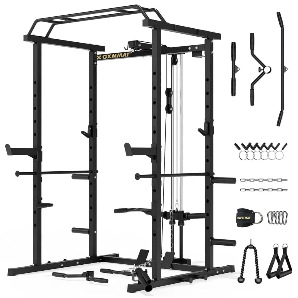 Multi-Function Power Cage with LAT Pulldown & Squat Rack, Heavy-Duty Steel Home Gym Strength Training with Pulley System, Custom
