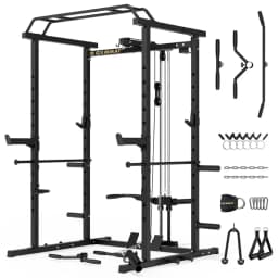 Multi-Function Power Cage with LAT Pulldown & Squat Rack, Heavy-Duty Steel Home Gym Strength Training with Pulley System, Custom