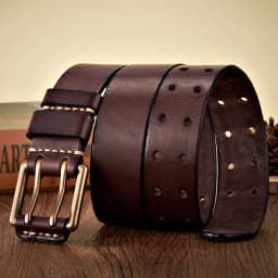 3.8cm Wide Retro Vintage Men's Belt Cowhide Genuine Leather Belt Copper Double Needle Buckle Handmade Cowboy Jeans Belt