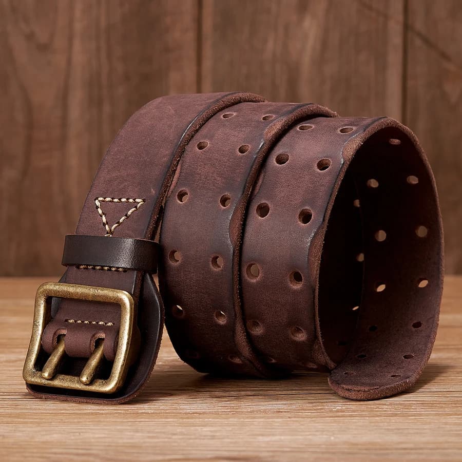 3.8CM Original Handmade Double-needle Buckle Men Belt Made Old Macho Jeans Belt Thick Real Genuine Leather Army Tactical Belt