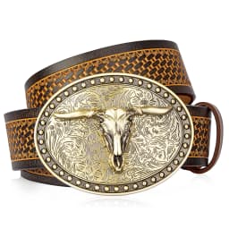 Men's Western Embossed Genuine Leather Belts with Golden Cowboy Longhorn Bull Buckle Belt Business Waist Straps For Men Droping