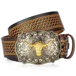 Men's Western Embossed Genuine Leather Belts with Golden Cowboy Longhorn Bull Buckle Belt Business Waist Straps For Men Droping