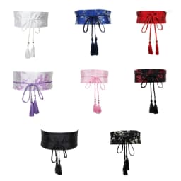 Chinese Han Dynasty Hanfu Clothing Waistband with Tassels Wide Tie Belt with Chinese Painting Flower Pattern