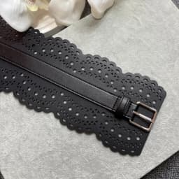 Cut Out Carved Leather Waist Closure Pin Buckle Leather Wide Belt Dress Waist Geometric Decoration Silver Buckle Wide Belt