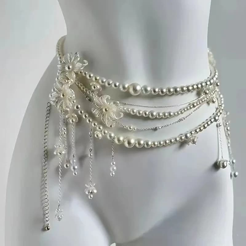 Y2K Designer Belt Multilayer Pearl Waist Chain for Women's Fashion Retro Character Playing clothes Accessories Party Belts