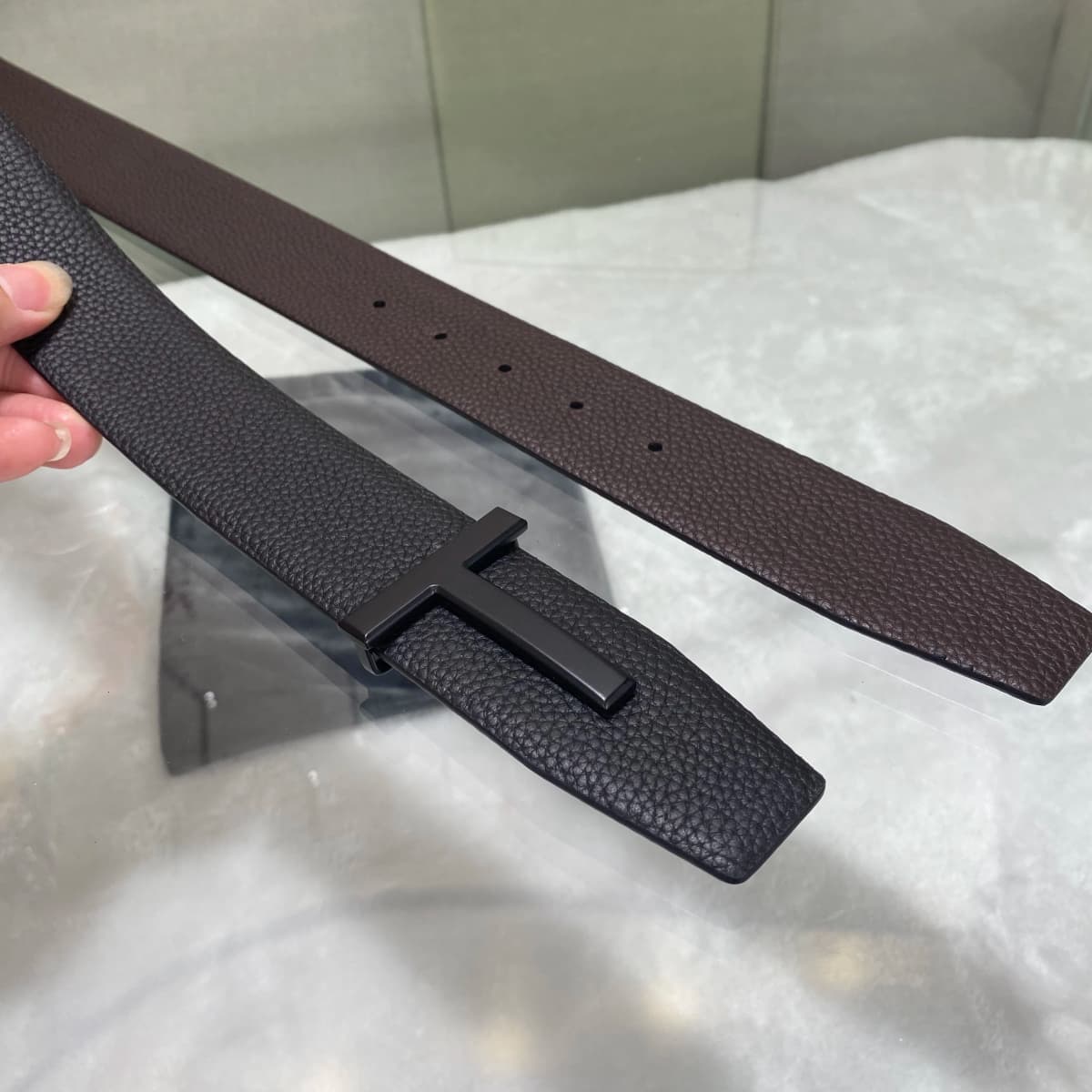 Double-Sided Leather Belt with Letter Buckle T-Shaped Men's Fashionable Genuine Leather Belt Stylish Men's Belt Workwear