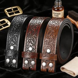 Western Style Tooled Leather Belt Strap - Buckleless Design for Customizable Fit