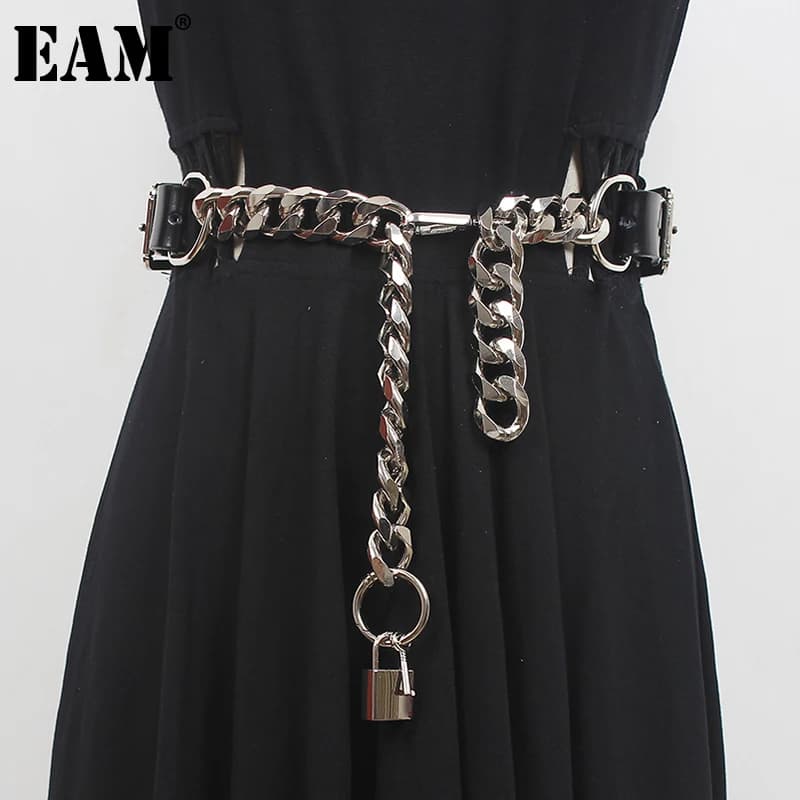 [EAM]  Pu Leather Black Thick Metal Chain Long Wide Belt Personality Women New Fashion Tide All-match Spring Autumn 2026 1DD9566