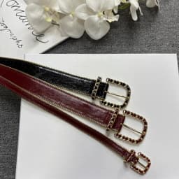 cowhide zipper decorative belt, shiny leather, women's slim waist seal, red belt