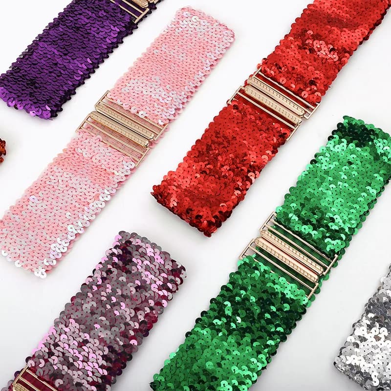 Sequin Elastic Glitter Belt Women's Corset Wide Waist Belt Metal Buckle Waistband Decorative Corset Strap Party Dress Accessorie