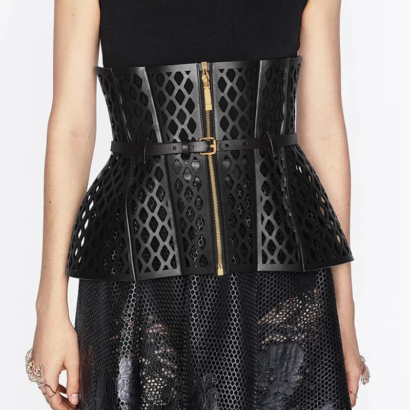 Skeleton Mesh Bodice Waist Seal, Leather Curved Women's Shape, Wide Belt Decoration, Large Waist Seal