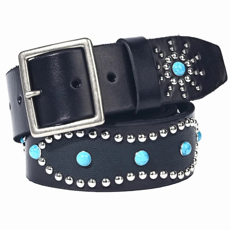 Men's Fashion 4.5cm Wide Genuine Leather Belt First Layer Cowhide Imitation Turquoise Inlay Rivet Punk Belt For Jeans