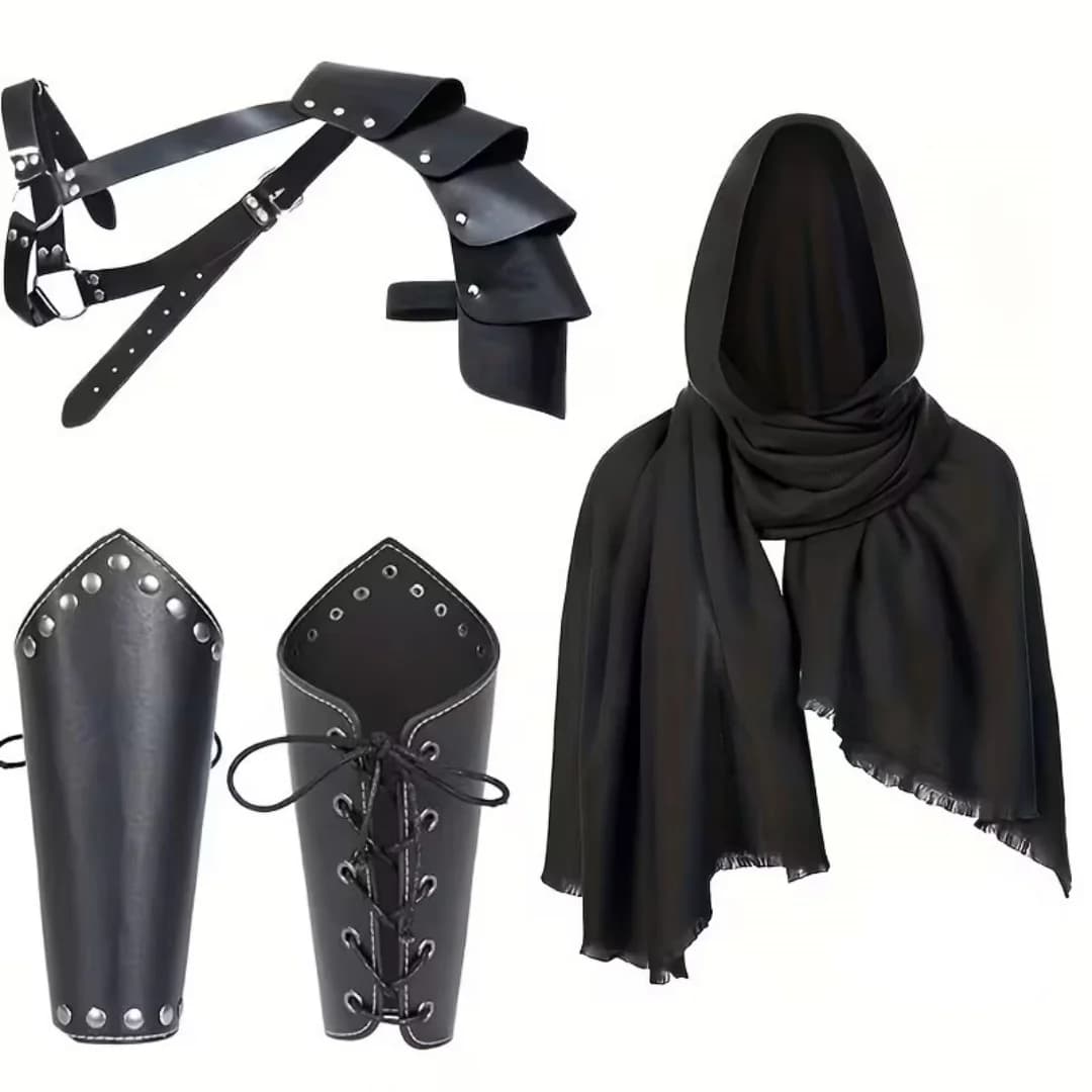 1/4PCS Men Vintage Medieval Knight Hooded Cloak Scarf Renaissance Belt Wrist Guard Halloween Cosplay Costume Accessories Prop