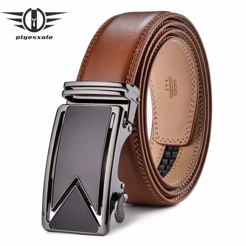 Plyesxale Men Belt 2026 Cowhide Genuine Leather Belts For Men Luxury Automatic Buckle Belts Brown Black Cinturones Hombre B55