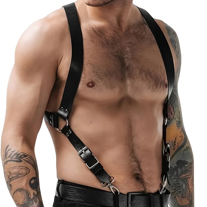 Men's seat belt set, adjustable artificial Faux Leather buckle shoulder armor seat belt, steampunk belt, wedding punk harness