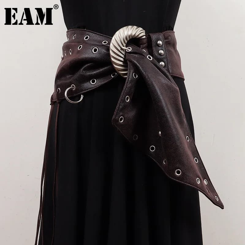 [EAM] Pu Leather Coffee Tassels Irregular Long Wide Belt Personality Women New Fashion Tide All-match Spring Autumn 2026 1DH8694