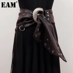 [EAM] Pu Leather Coffee Tassels Irregular Long Wide Belt Personality Women New Fashion Tide All-match Spring Autumn 2026 1DH8694