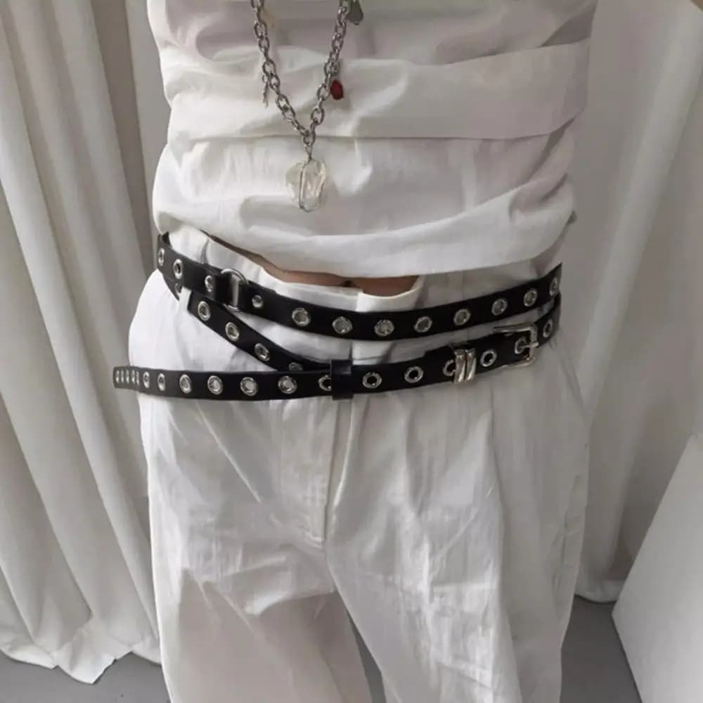 Adjustable PU Leather Double Circle Waist Chain Y2K Wide Belt Women Punk Retro Double Layer Hole Belt Silver Color Buckle Belts