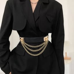 Multilayer Gold Metal Chains Women Belt Black PU Leather Elastic Wide Waist Straps Punk Rivet Belts Suit Decor Dress Waistbands