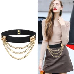 Multilayer Gold Metal Chains Women Belt Black PU Leather Elastic Wide Waist Straps Punk Rivet Belts Suit Decor Dress Waistbands