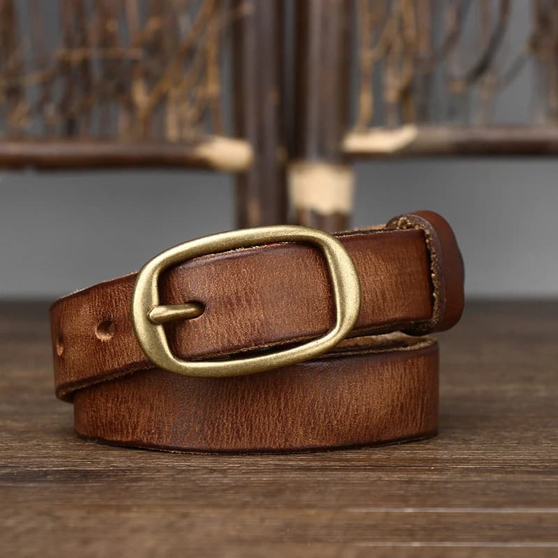 2.3cm Retro Narrow Real Thick Genuine Leather Women Belt Copper Button Western Cowboy Style Jeans Belt Female Fashion Luxury