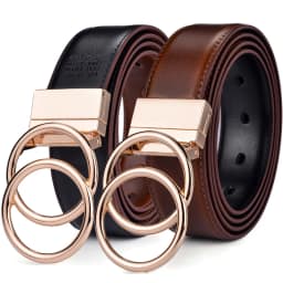 Women Reversible Leather Belt 2 in 1 Rotated 2 Rings Gold Buckle 3.4cm Wide Suitable for Pairing with Various Pants