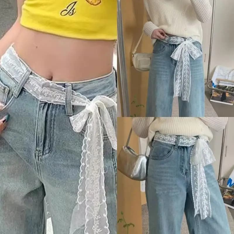 Stylish Y2K Long Lace Floral Bow Belt; Waistband for Effortless Dress or Jeans Styling; Versatile as Hair Band or Lace Scarf